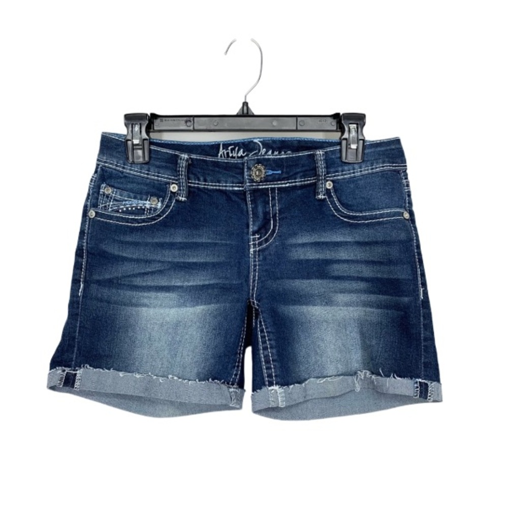 Ariya Raw Cuffed Hem Contrast Stitch Jean Shorts With Embroidered Pockets Size 3